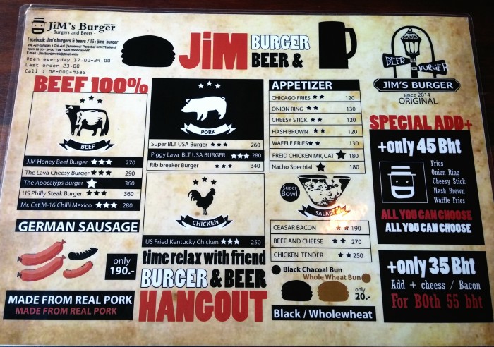 Jim's Burger and Beer Menu